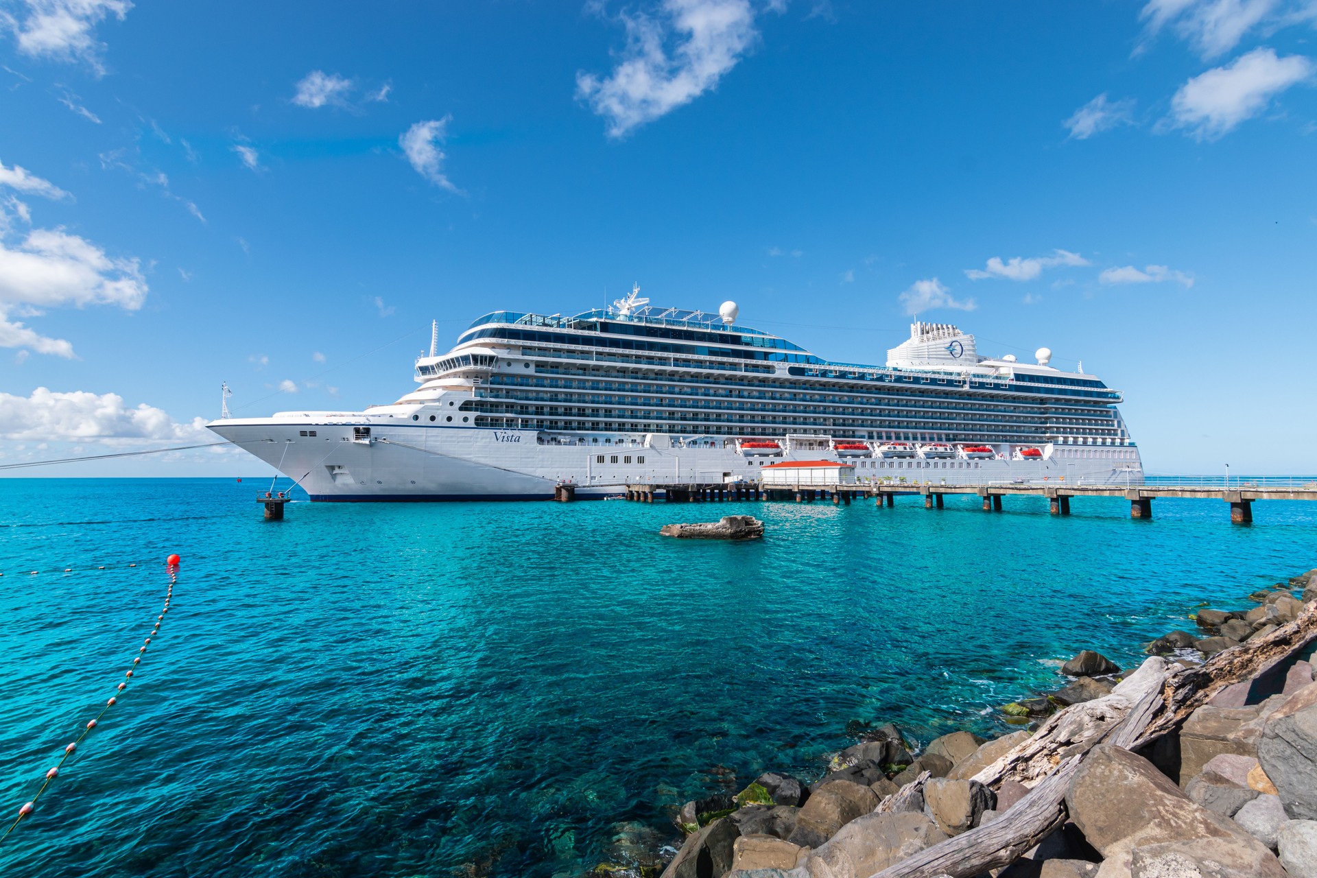 Cruise ship Oceania Vista docked in Roseau, Dominica.